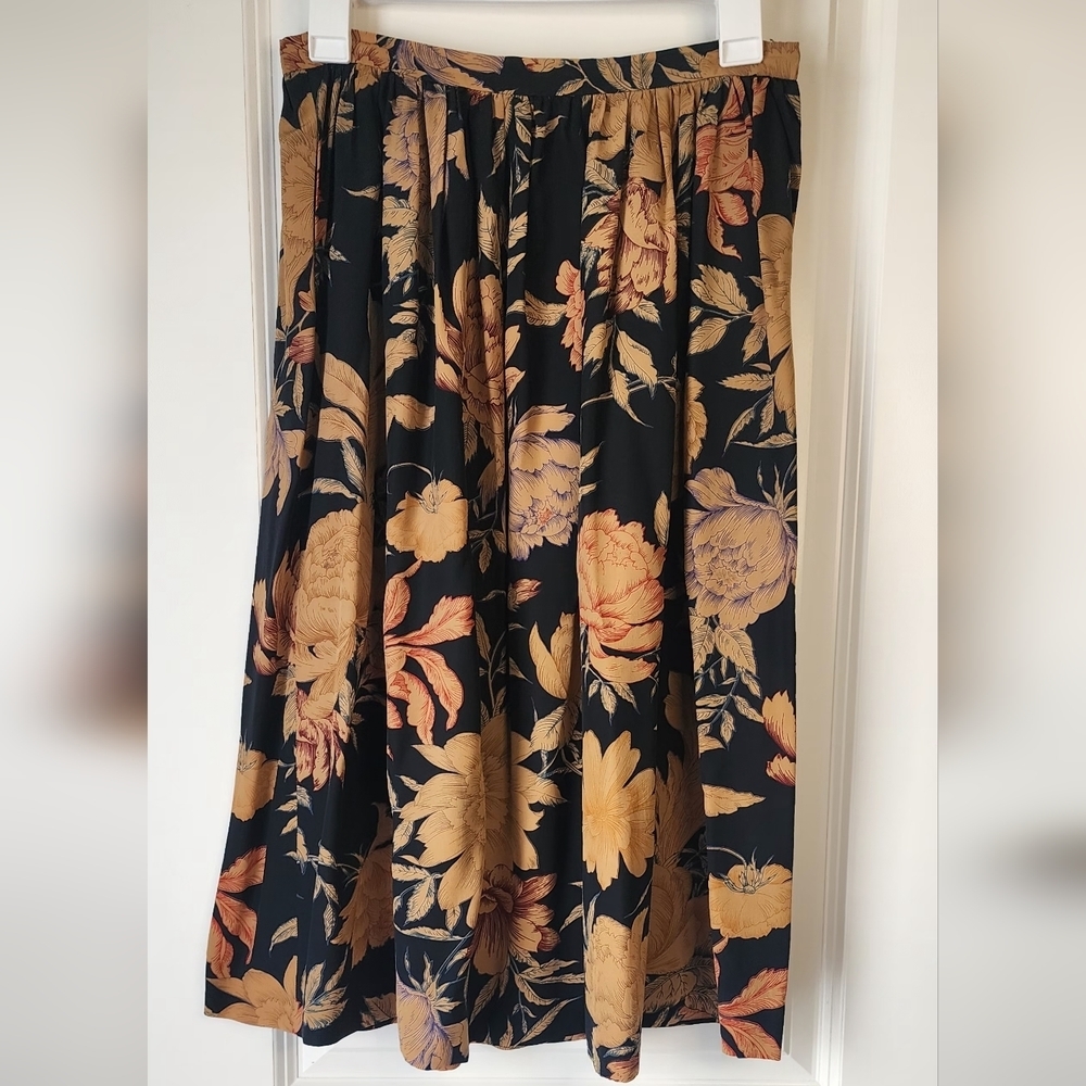 Floral Midi Skirt in Black and Mustard - Women